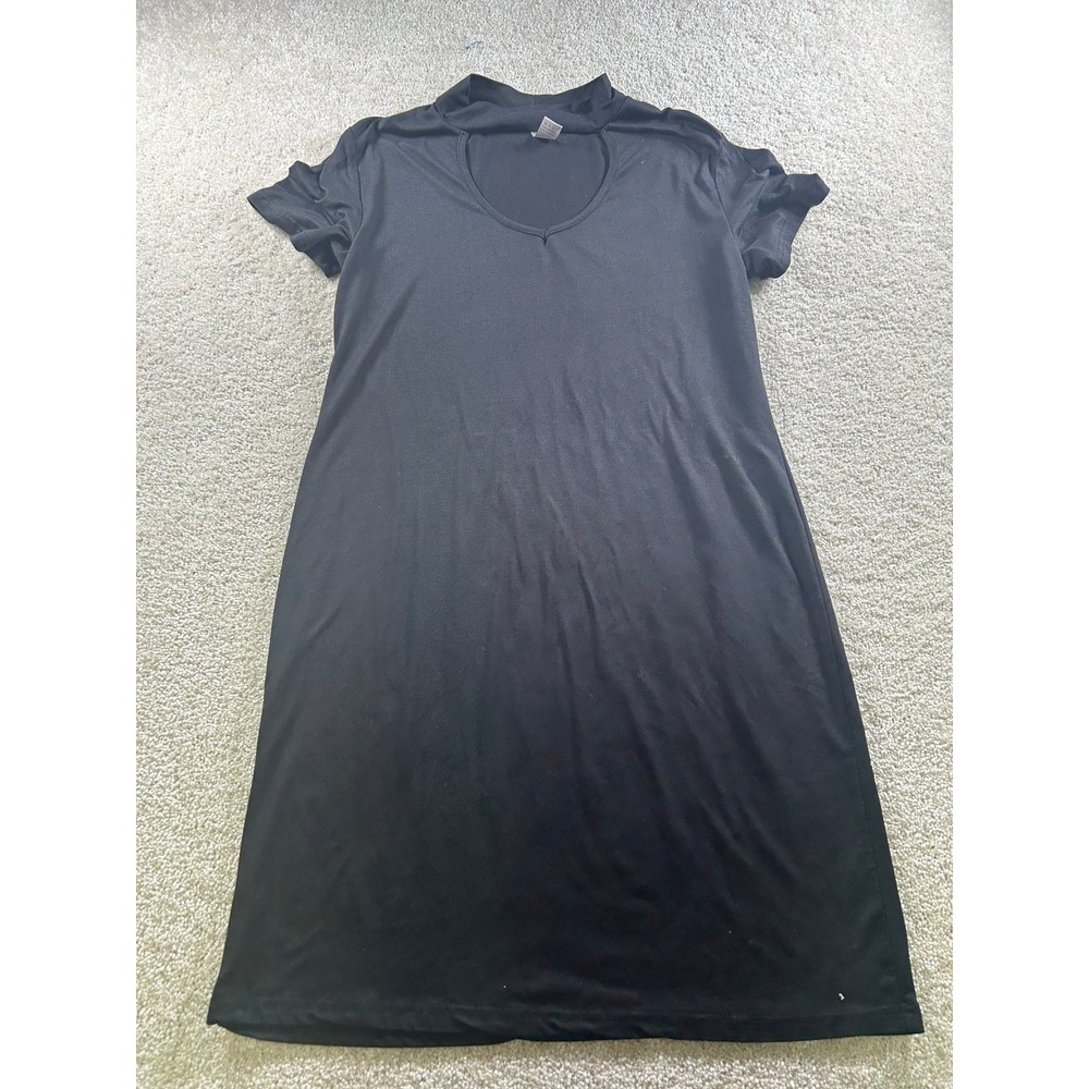 Black‎ Women's Medium Dress Polyester Spandex Short Sleeve V Neck